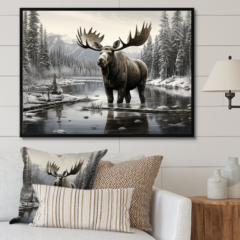 Orignal brun et blanc Winter Majesty - art mural orignal pour le salon, H 16 po x l 32 po, Reproduction avec cadre flottant