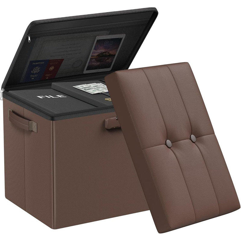 Repose-pieds avec rangement et repose-pieds avec serrure et poignée, banc de tabouret pliant ignifuge en cuir avec coffre de rangement pour salon, bureau à domicile, dortoir, brun