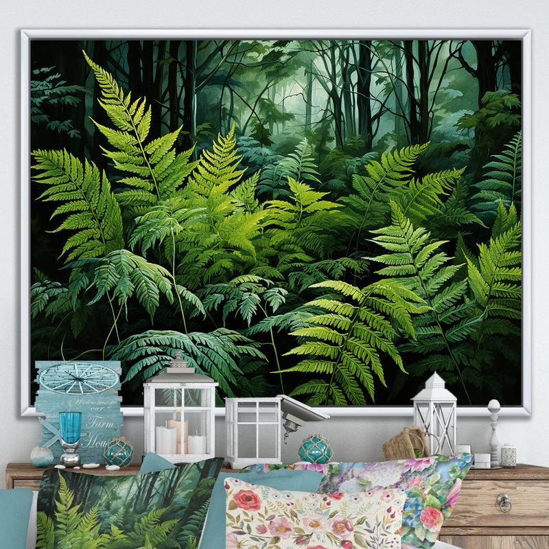 Fougère botanique sur toile, reproduction de plante vert forêt émeraude - Emerald Green Ferns Forest V, Cadre flottant blanc
