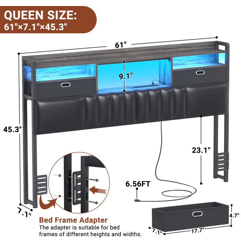 45.3'' H Storage Headboards With  Darwers,Outlets,USB Ports And LED Lights, Gray, Queen