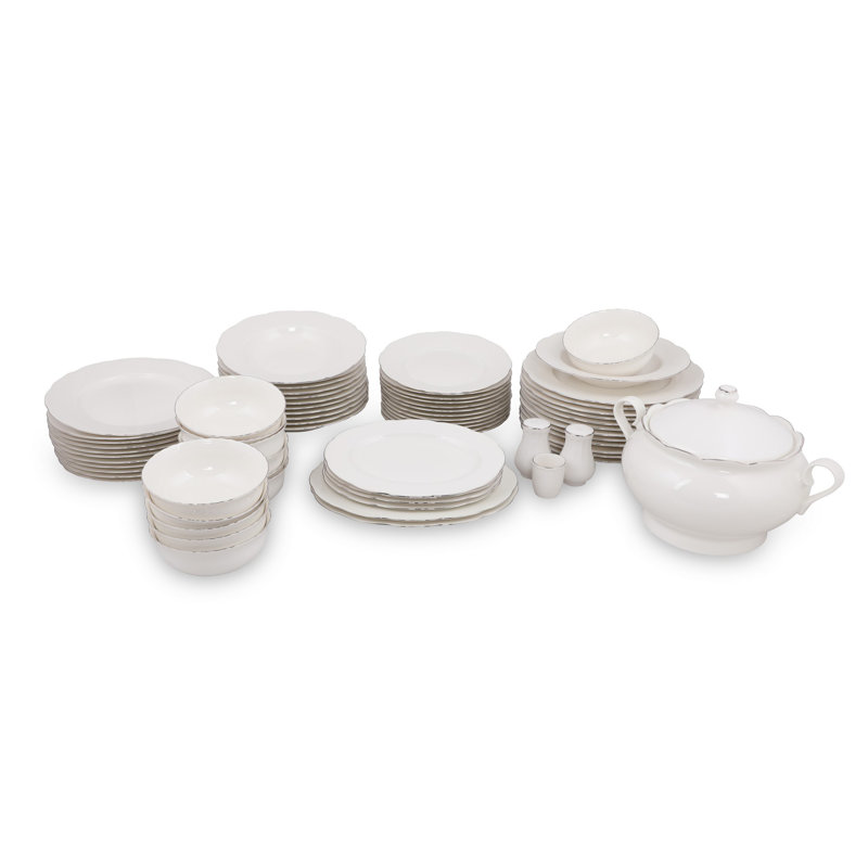 Coughlin Piece Porcelain China Dinnerware Set, White/Silver
