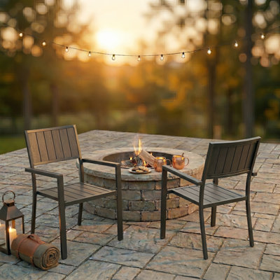 2-Piece Black Metal Chairs with Ergonomic Breathable Slat Design for Indoor Outdoor Use