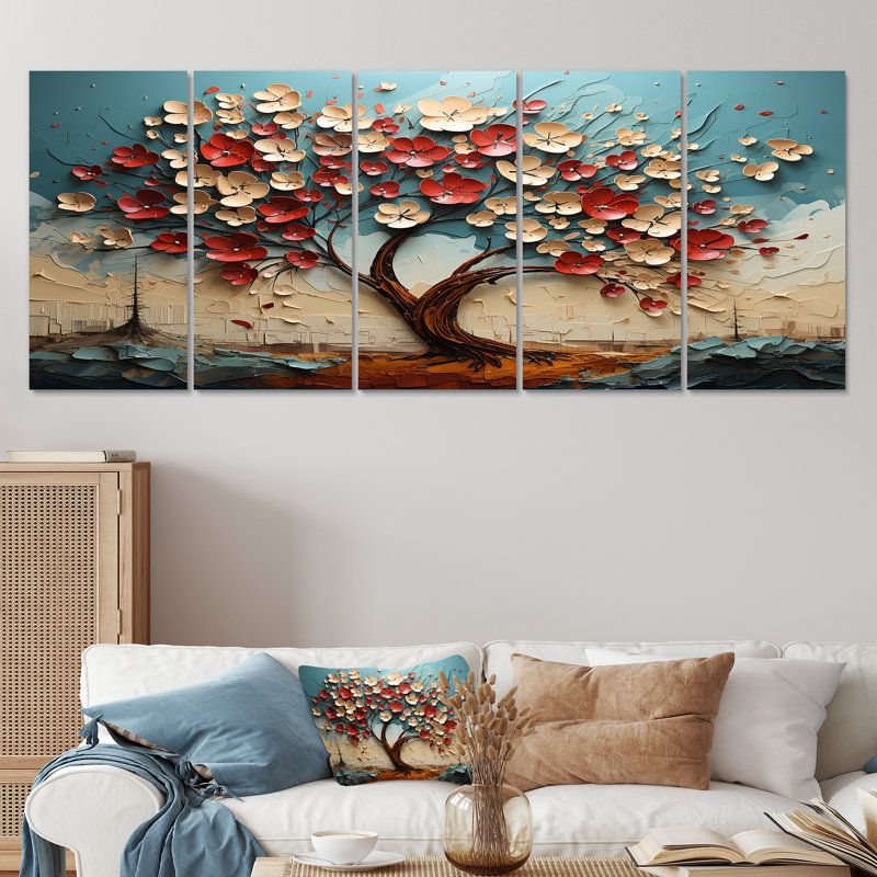 "Arbre de fleurs rouge et or au clair de lune, beauté 5 pièces", 5 pièces, H 28 po x l 60 po