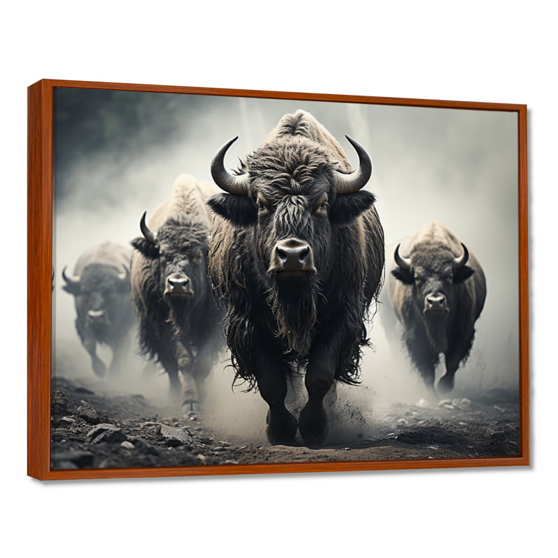 «Gray Buffalo Gentle Guardians I», art mural Buffalo, H 34 po x l 44 po x P 1,5 po, Cadre flottant brun