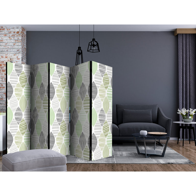 Halimo 225cm W x 172cm H 5 - Panel Solid Wood Folding Room Divider, Green/Grey/White