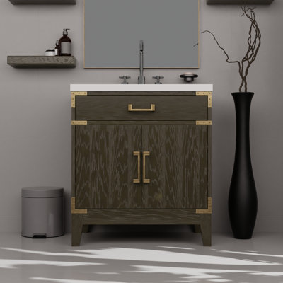 Meuble-lavabo simple en chêne gris 30 po X P 22 po D, dessus en quartz blanc et ensemble de robinet