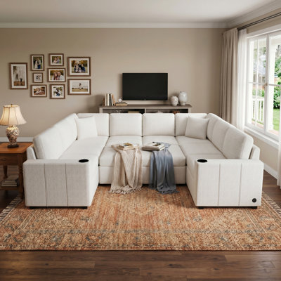 107.1"Chenille Sectional Pull-Out Sofa Bed U-Shaped Beige