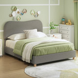Upholstered Boucle Platform Bed with Curved Shaped Headboard & Soft Rounded Corners