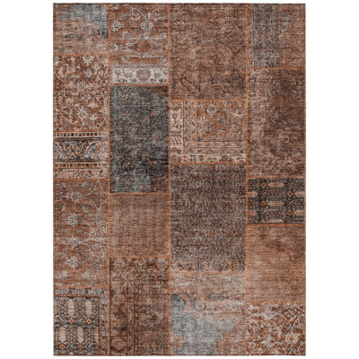5' X 8' Terra Cotta Copper And Charcoal Patchwork Washable Indoor Outdoor Area Rug