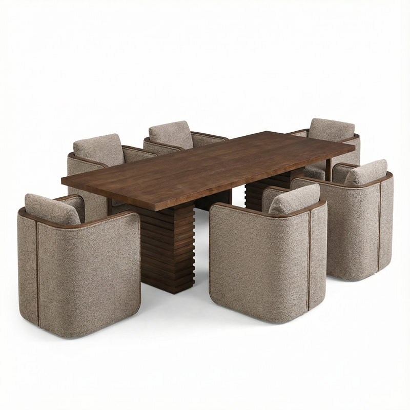 Calder 7-Piece Mid-Century Modern Wood Dining Table Set With Upholstered Arm Chairs, Taupe