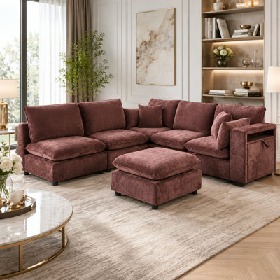 Doroteia Modular Sectional Sofa with Storage Armrests, USB Ports, and Ottoman in Red