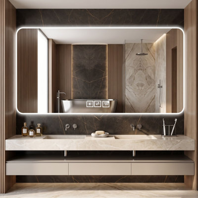 60" x 28" Rectangular Backlit LED Bathroom Vanity Mirror with Defogger 3-Color Dimmable Lighting and Rounded Corners