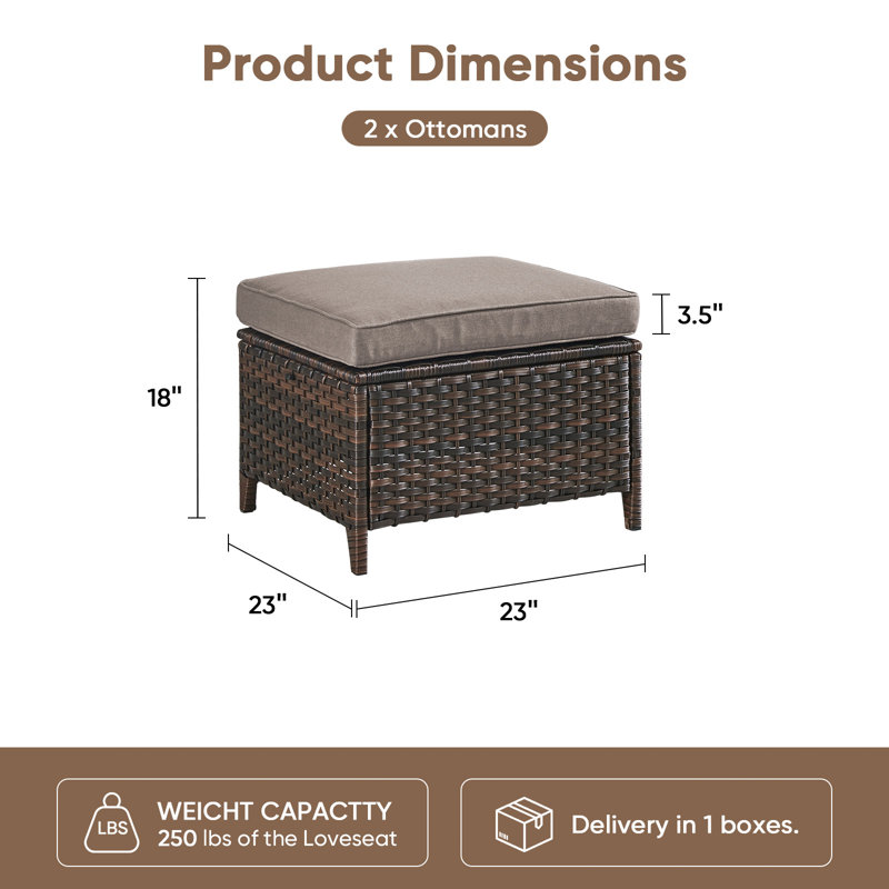 Ensemble de 2 repose-pieds en rotin avec coussins amovibles en osier pour patio, Gris, Brun