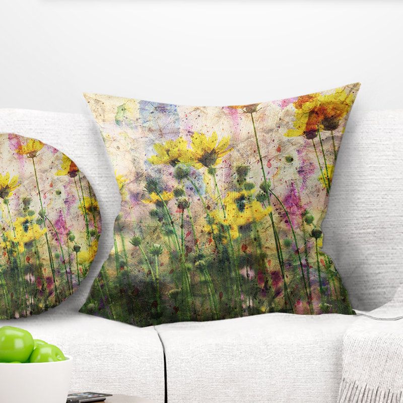 Coreopsis Flowers and Paint Splashes - Floral Printed Pillow, 18" x 18", Throw Pillow