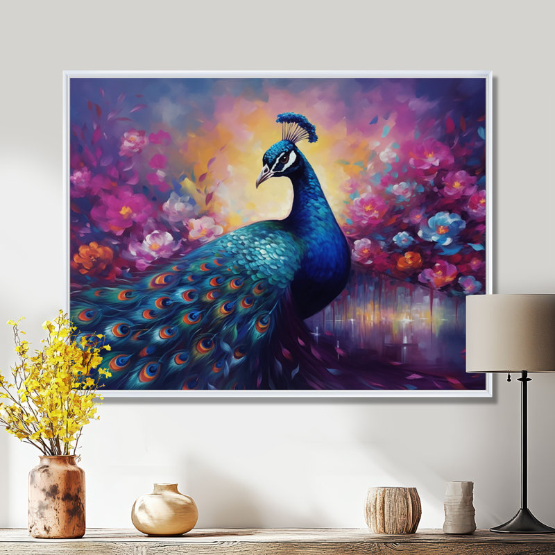 «Vibrant Peacock II» - art mural paon, H 34 po x l 44 po x P 1,5 po, Cadre flottant blanc
