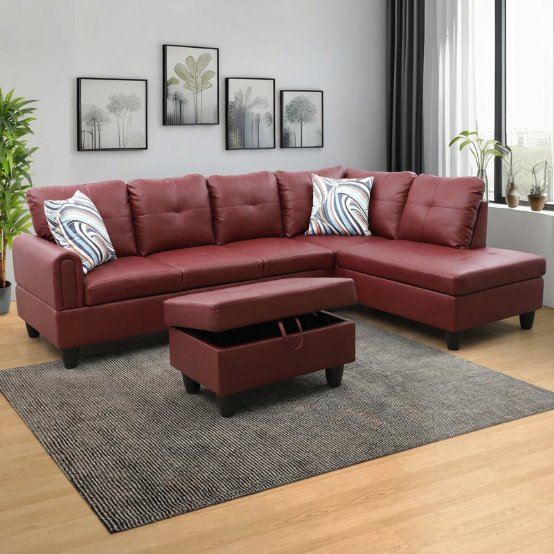 Canapé modulaire en similicuir 3 pièces, Similicuir rouge, Orienté à gauche (vu de face)