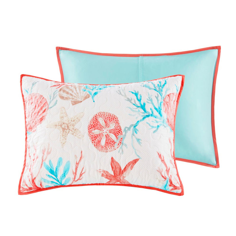Courtepointe 6 pièces avec coussins décoratifs, corail double / grand, coquillages imprimés et étoiles de mer, tissu doux au revers, vermicelle, broderie côtière, coquilles de literie en coton lavables à la machine, matériau mélangé