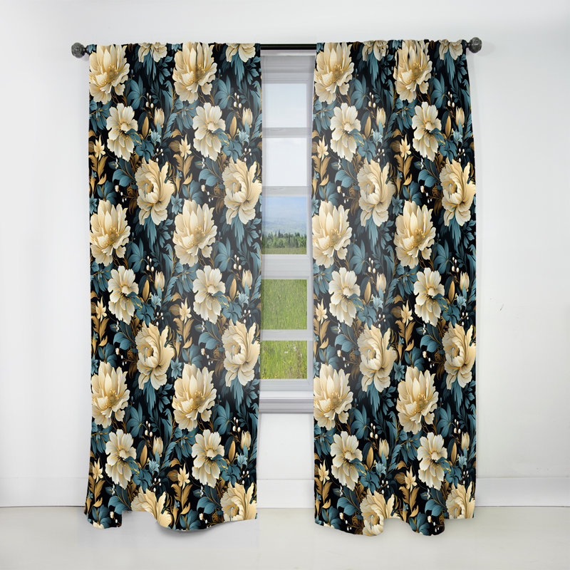 Beige And Blue Damask Fusion - Bohemian Velvet Curtain - Room Darkening - 1 Panel, 52" W x 84" L