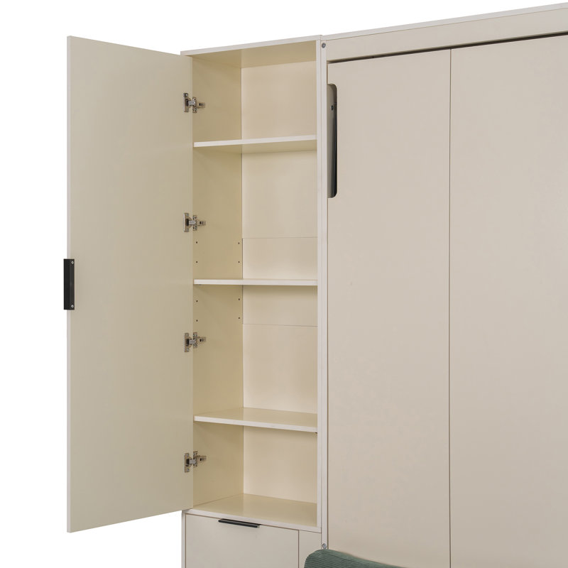 Grand lit escamotable peu encombrant, bois massif et panneau de fibres à densité moyenne, beige moderne et vert pour les petites maisons