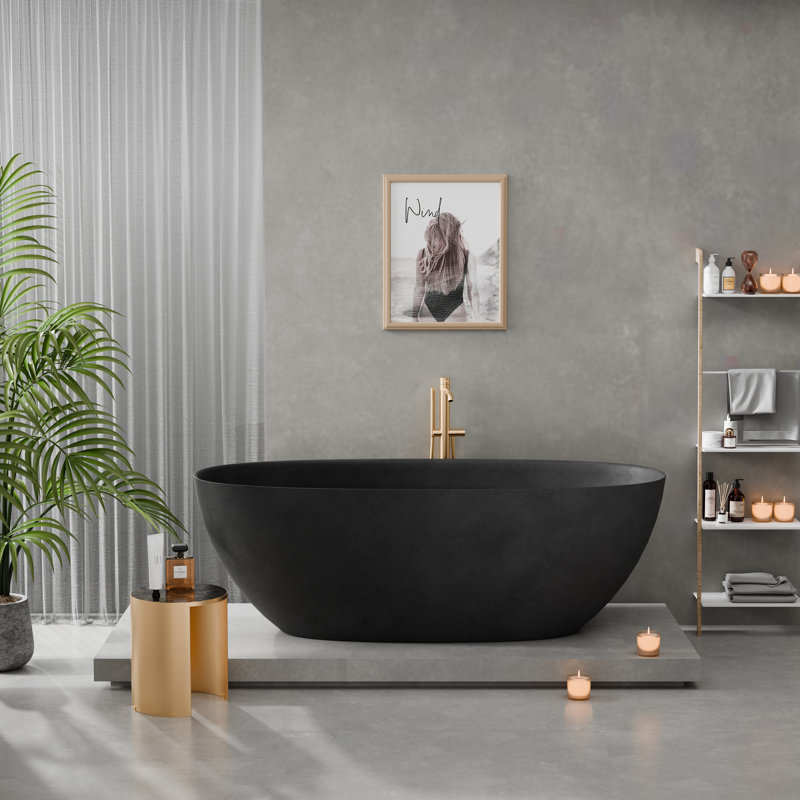 Baignoire autoportante à surface solide de qualité supérieure 65 po x 29 po Modern Black avec rebord ultra-mince pour une détente ultime