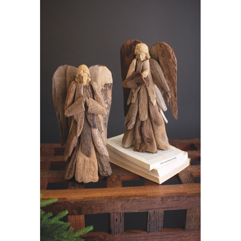 Ensemble de 2 anges en bois naturel Kalalou Driftwood H 12 po