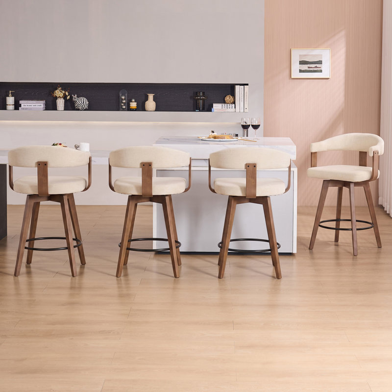 Swivel Upholstered Bar Stools 26" Counter Height, Beige Linen, 4, Brown