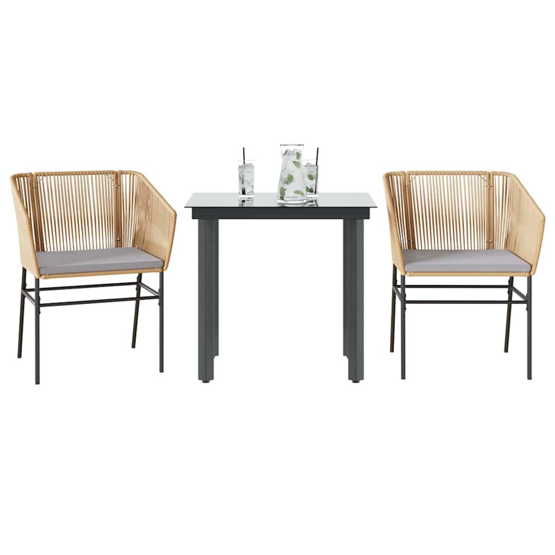 vidaXL 3 Piece Patio Dining Set with Cushions Brown Poly Rattan Glass, 29.1" H x 31.5" W x 31.5" L, 2, Gray/Brown