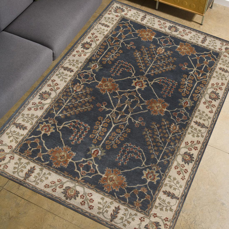 Poeme Wool Area Rug in Dark Blue/Cream/Orange, Runner 2'6" x 8'