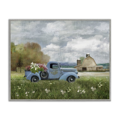 Vintage Blue Truck Flower Bouquet Cloudy Sky Farmhouse by Nan - Painting