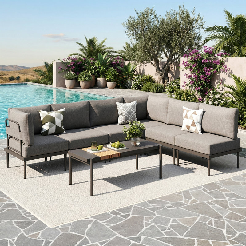 Ensemble de patio en métal pour 7 personnes, ensemble de mobilier d'extérieur en aluminium, Gris