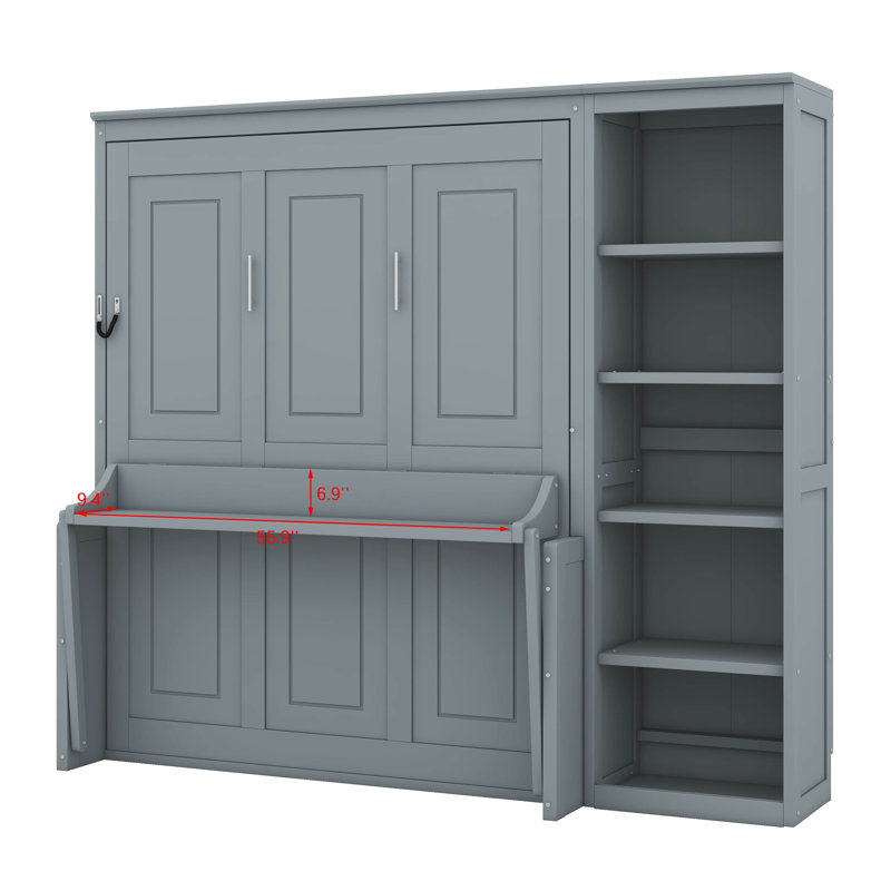 Lit escamotable double avec bureau et bibliothèque, lit escamotable au design compact et peu encombrant, Double, Gris