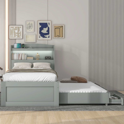 Twin XL Platform Bed with Storage LED Headboard, Charging Station, Twin Trundle & 2 Drawers, Dark Brown Space-Saving Bed Frame