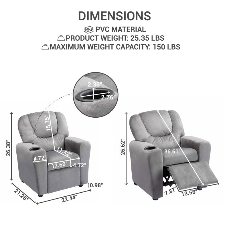 Roomy Kids' Recliner Chair with Cup Holder, Toddler Recliner With Push-Back Design, and Adjustable Footrest, Gray Microfiber
