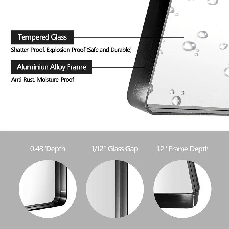 20X30 Inch Black Aluminium Frame Bathroom Mirror, 30" H x 20" W, Black