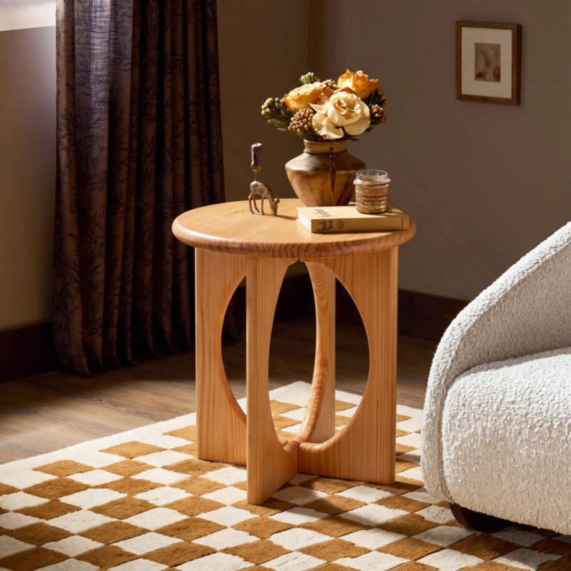 Table de bout ronde en bois de pin - Table d'appoint géométrique moderne à pieds croisés