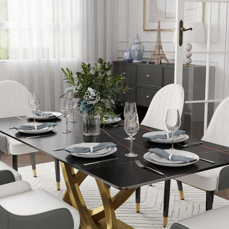 Zagan 7-Piece Modern Dining Room Sets, Sintered Stone Tabletop Kitchen Dining Table Set with 6 PU Upholstered Chairs, Black
