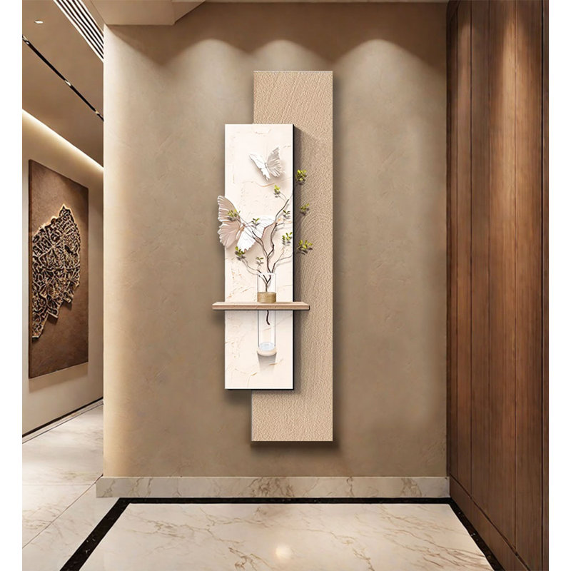 Art mural moderne à DEL noir et blanc avec accent de plante artificielle, H 59,06 po x l 19,69 po x P 4,13 po, Beige