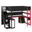 Lit mezzanine en bois pleine grandeur pour jouer avec des escaliers pour le rangement, bureau intégré, tablettes et panneau perforé-856865531-856865533