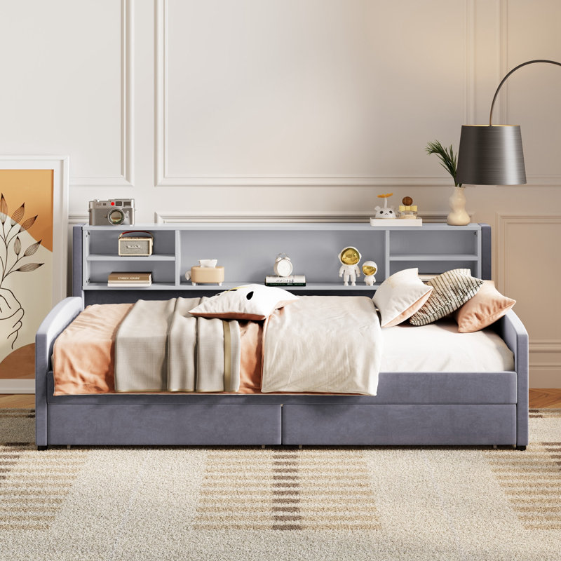 Lit plateforme simple tapissier avec rangement et tiroirs, Gris