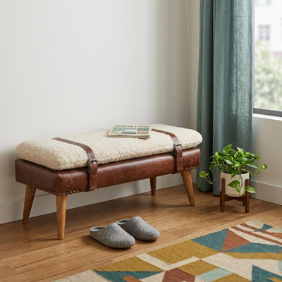 Banc rembourré de 35 pouces en acajou ivoire, cuir véritable bouclé naturel et bois massif