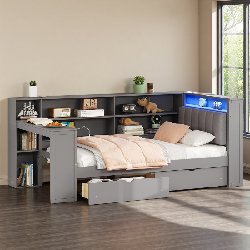 Stylish Wood Twin Size Platform Daybed With Storage Shelves, Drawers, Charging Station, LED Lighting, Desk & Upholstered Headboard, Gray