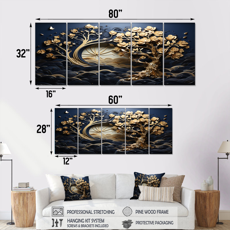 Ensemble de 5 décorations murales dorées et bleues, "Coastal Ambiance II", H 28 po x l 60 po