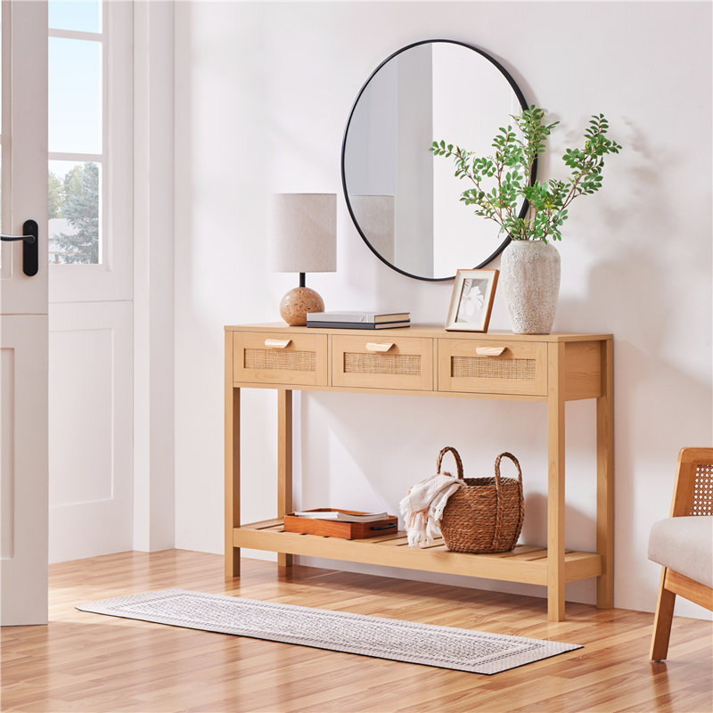 Console Table Natural Tone Entryway Table with Bottom Shelf
