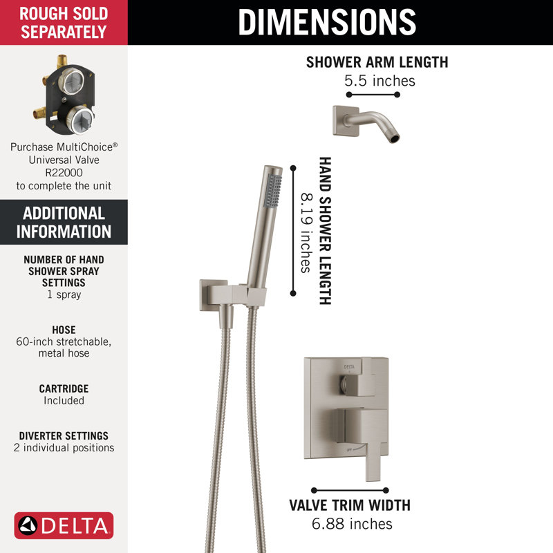 Delta Modern Square Shower System Faucet Set, Brushed Nickel Shower Head and Handle Set, Valve Trim Kit, Spotshield Stainless (Valve and Head Not Included)