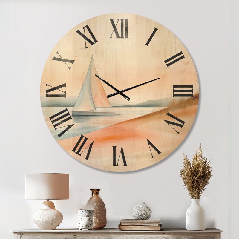 Coral Dune Bay - Horloge murale ronde en bois massif en forme de voilier, Extra Large