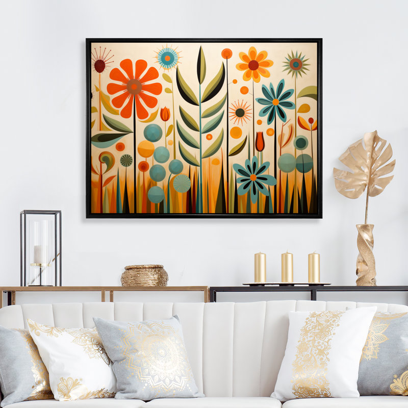 «Red Mid Century Mod Nature - Abstract Midcentury», reproduction d'art sur toile, Cadre flottant noir, Noir