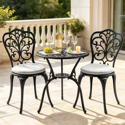 Bistro Set 3 Piece Outdoor, Cast Aluminum Patio Bistro Set, Bistro Table and Chairs Set of 2, Patio Table Set with 1.97" Umbrella Hole, Cushion for Backyard