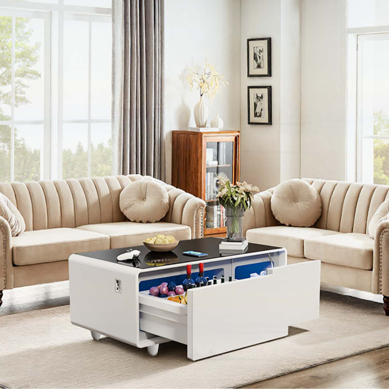 Table basse Modern Smart avec réfrigérateur intégré, Blanc/Noir, H 18,23 po x L 41,54 po x l 23,03 po