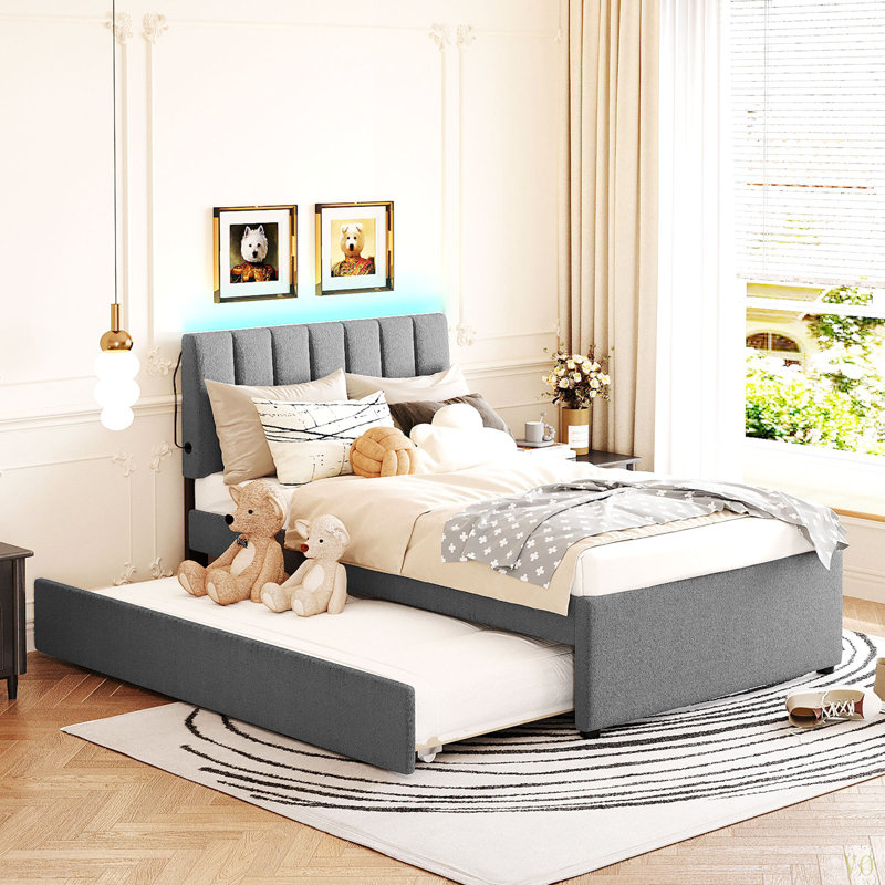 Lit plateforme tapissier avec gigogne Tedsons, Gris