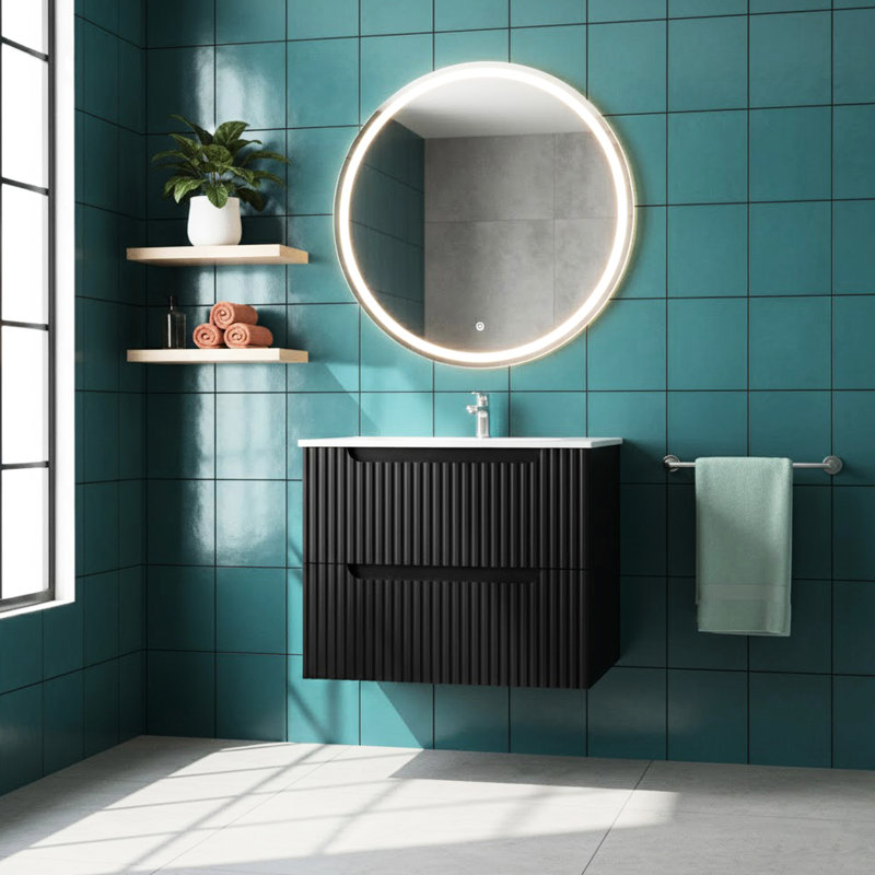 Meuble-lavabo suspendu de 61 cm (24 po), fixé au mur avec lavabo, noir, système de fermeture amortie, design épuré et spacieux, tiroirs, rangement pour articles de toilette et serviettes, style contemporain